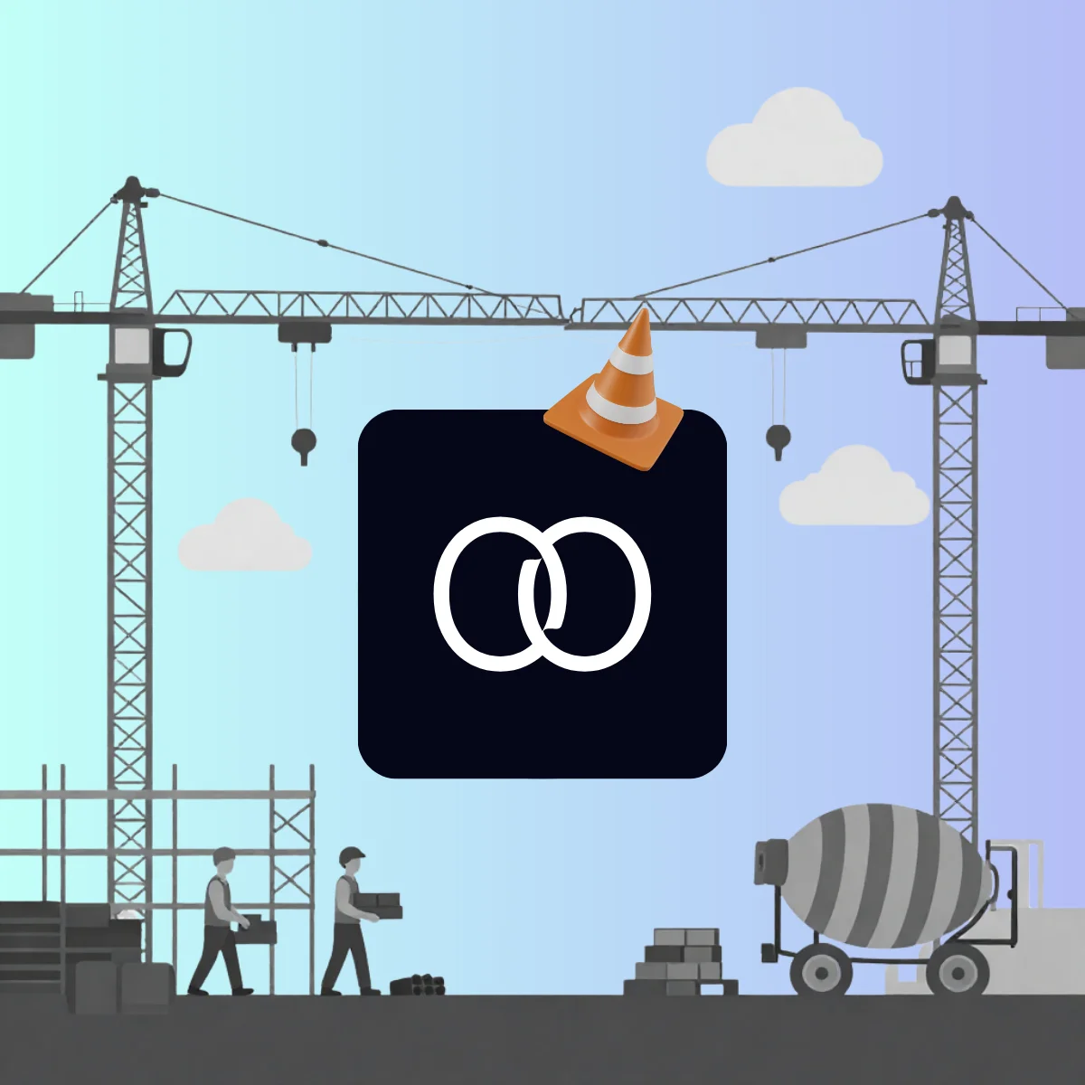 Construction cranes building the ootell.com logo, illustrating building in public